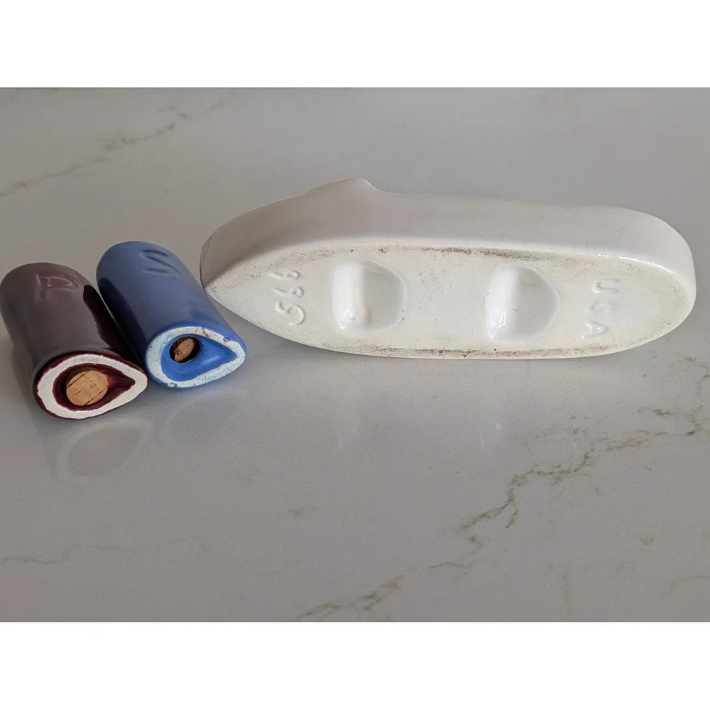 Vintage USA Pottery 566 Boat Salt and Pepper Shakers Set Blue Maroon Nautical